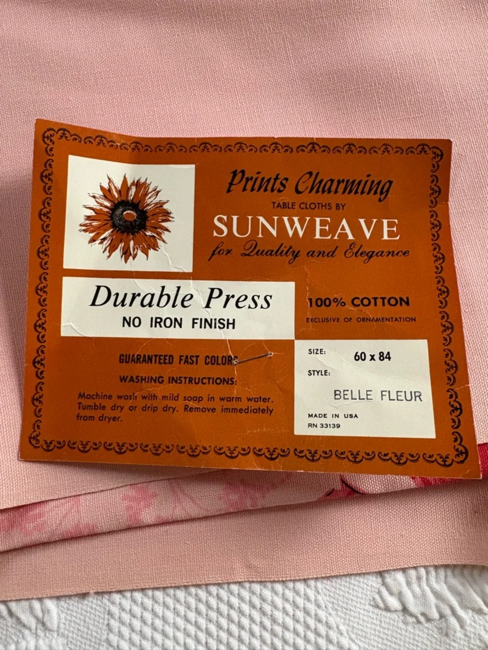 VTG 60s  deadstock Prints Charming tablecloth Sunweave pink floral cotton 60x84